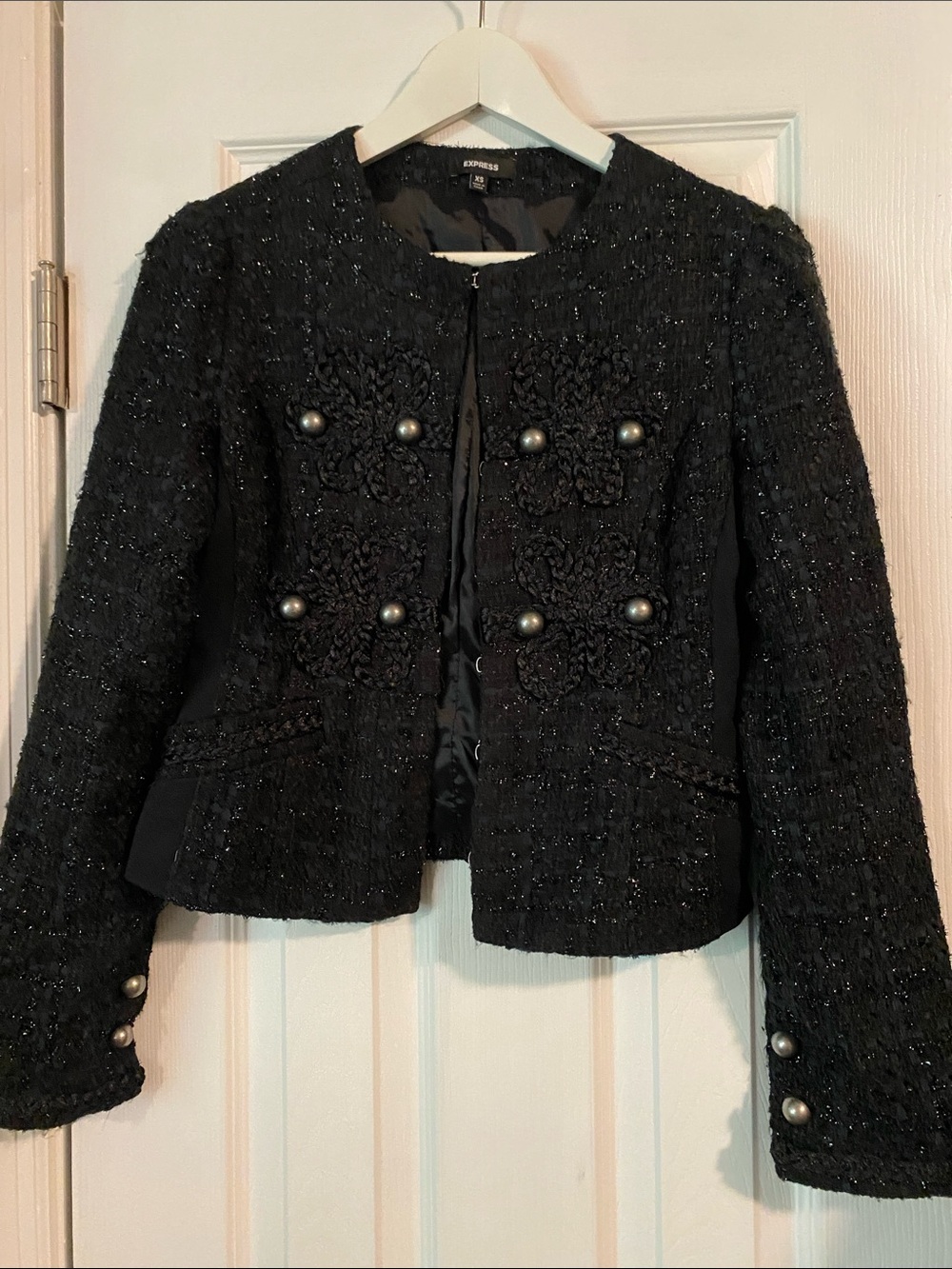 Express Black Tweed Steel-Button Collarless Blazer